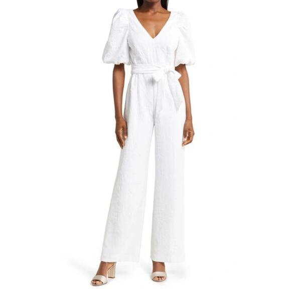 Lilly Pulitzer Kirrabelle Resort White Short Puff Sleeves Wide Leg Jumpsuit 4 - Picture 1 of 13